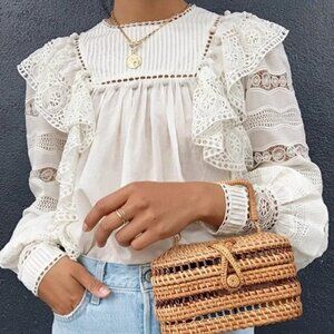 ULLA JOHNSON Blouse Womens 4 White Lily Lace Ruffle Boho Long Sleeve Cotton Top